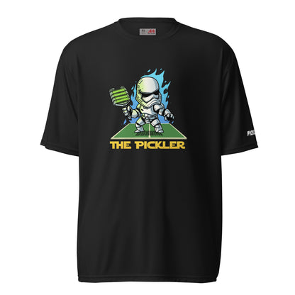 Black performance t-shirt from OOKAMI SPORTS, showcasing a Stormtrooper-inspired pickleball player illustration with 'THE PICKLER' motif, tailored for sports enthusiasts seeking style and function