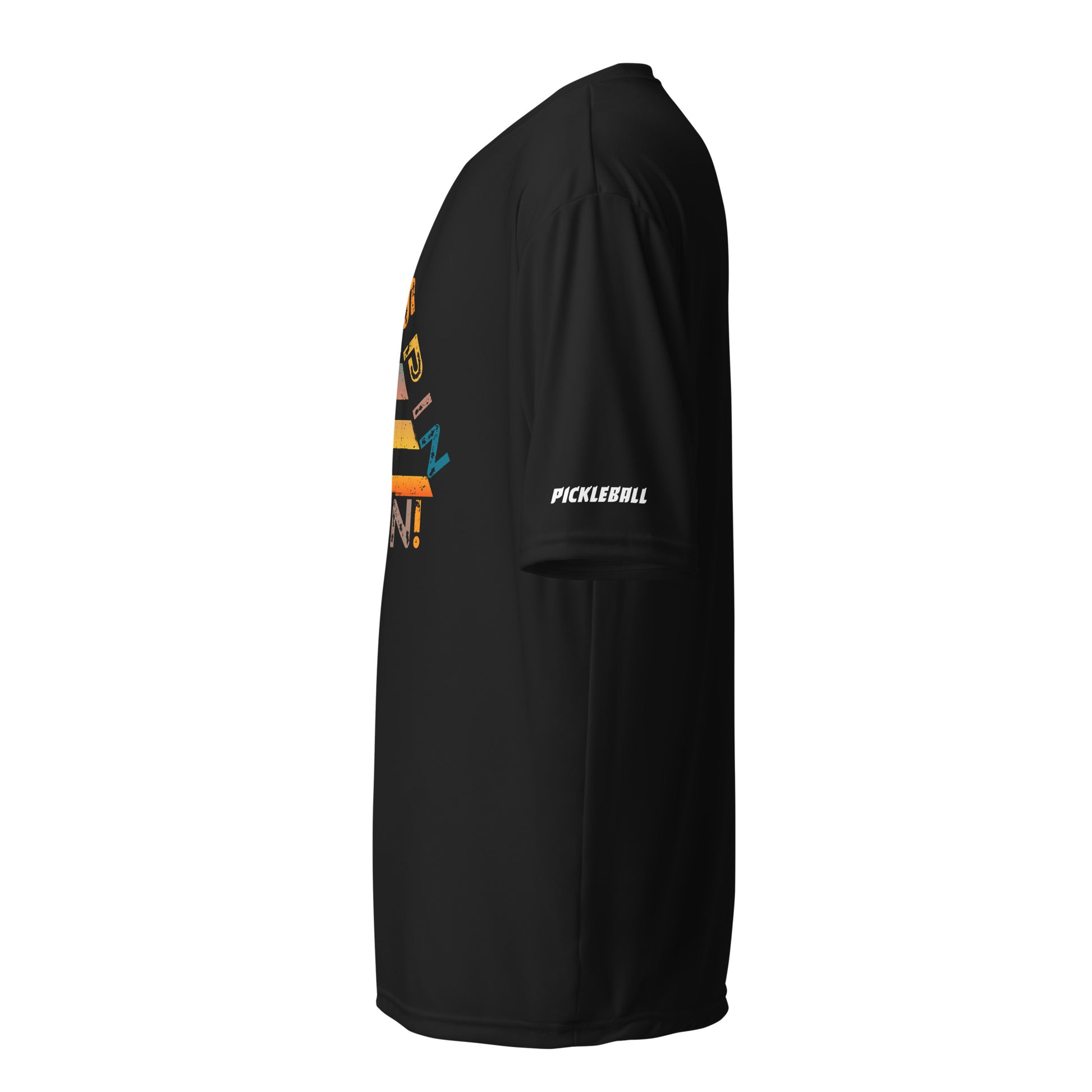 Side view of a black unisex pickleball performance shirt with 'Smash Spin Win' design by OOKAMI SPORTS