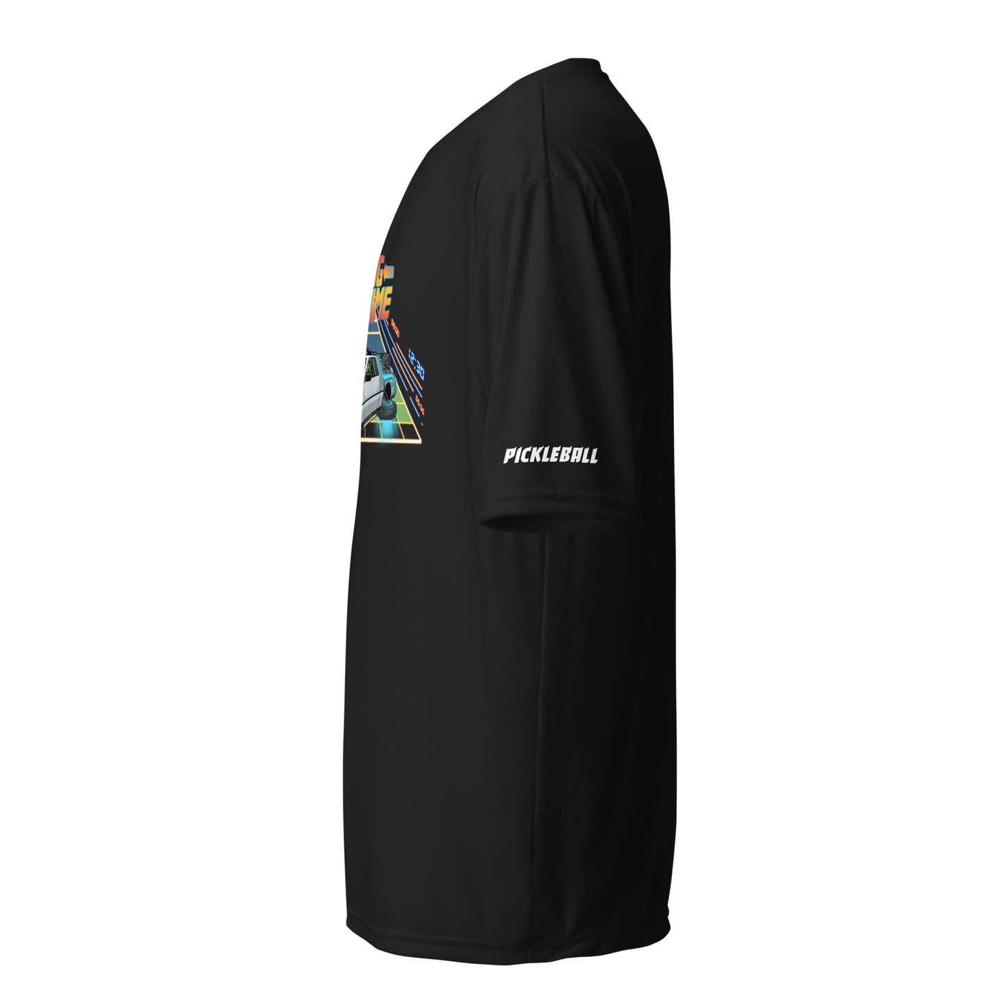 Side view of a black unisex pickleball performance shirt with 'Dinking Through Time' design by OOKAMI SPORTS.