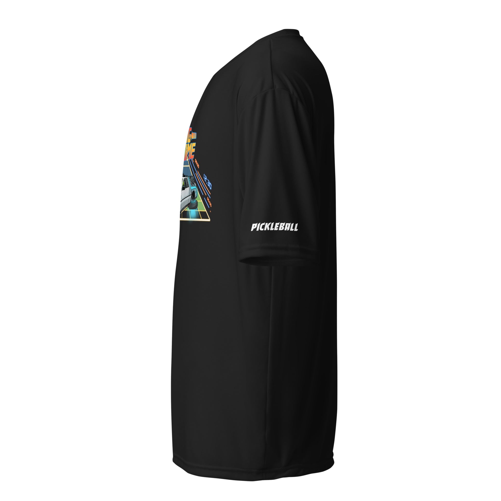 Side view of a black unisex pickleball performance shirt with 'Dinking Through Time' design by OOKAMI SPORTS.