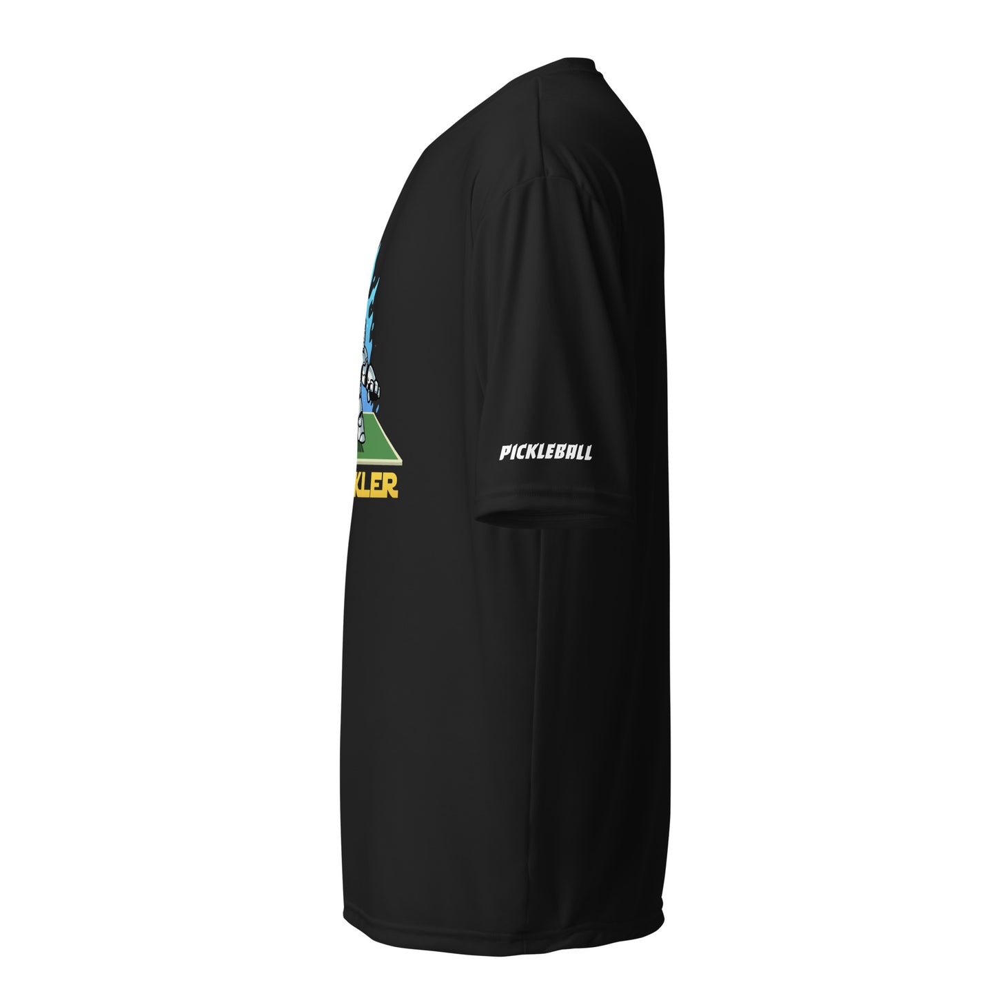 Side view of a black pickleball activewear t-shirt by OOKAMI SPORTS with 'PICKLEBALL' text on the sleeve, designed for optimal performance and durability.