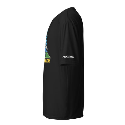 Side view of a black pickleball activewear t-shirt by OOKAMI SPORTS with 'PICKLEBALL' text on the sleeve, designed for optimal performance and durability.