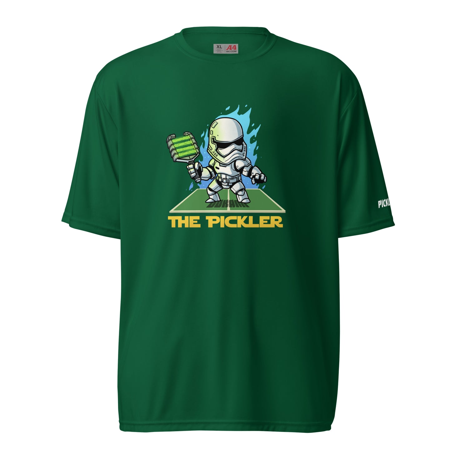 Front view of a green pickleball activewear shirt displaying a Stormtrooper-inspired character playing pickleball, with vibrant energy bursts and the text 'THE PICKLER' in bold yellow