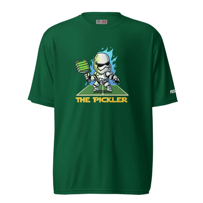 Front view of a green pickleball activewear shirt displaying a Stormtrooper-inspired character playing pickleball, with vibrant energy bursts and the text 'THE PICKLER' in bold yellow