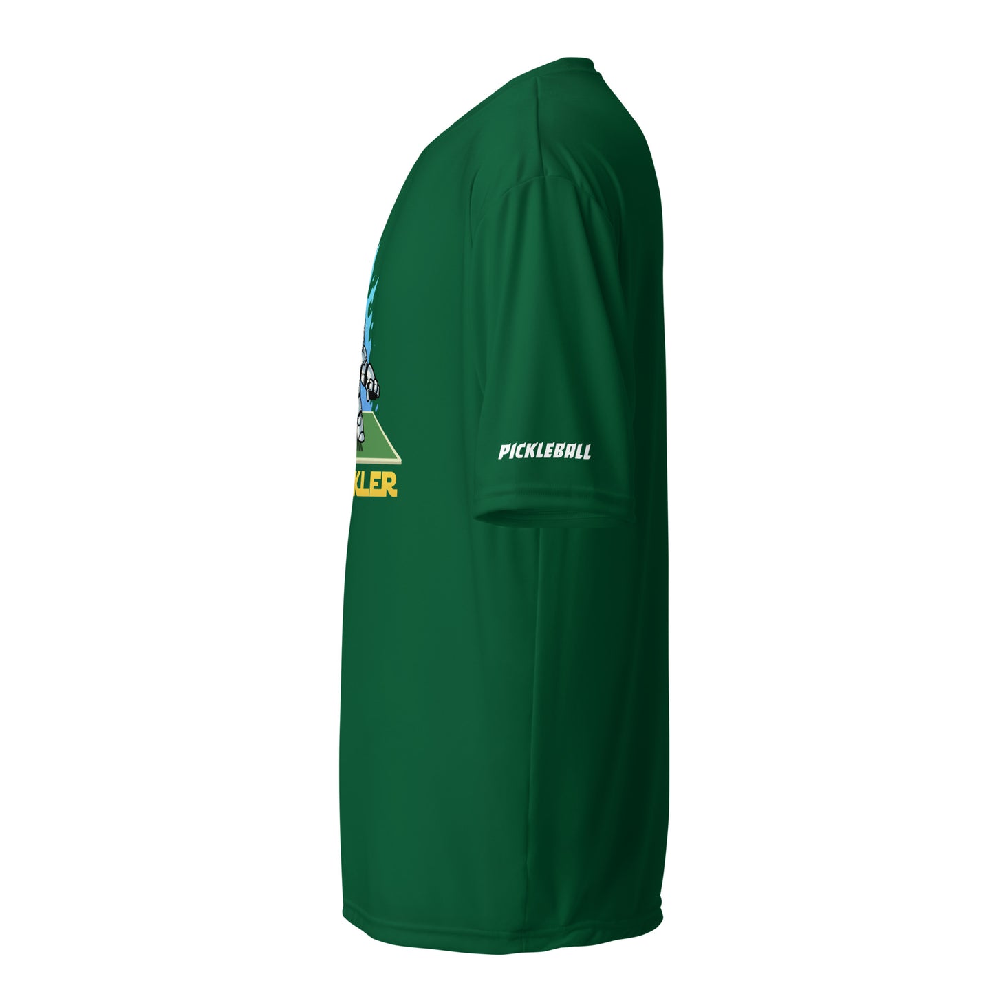 Side view of a green performance crew-neck t-shirt from OOKAMI SPORTS, featuring the text 'PICKLEBALL' on the sleeve, part of 'The Pickler' activewear collection