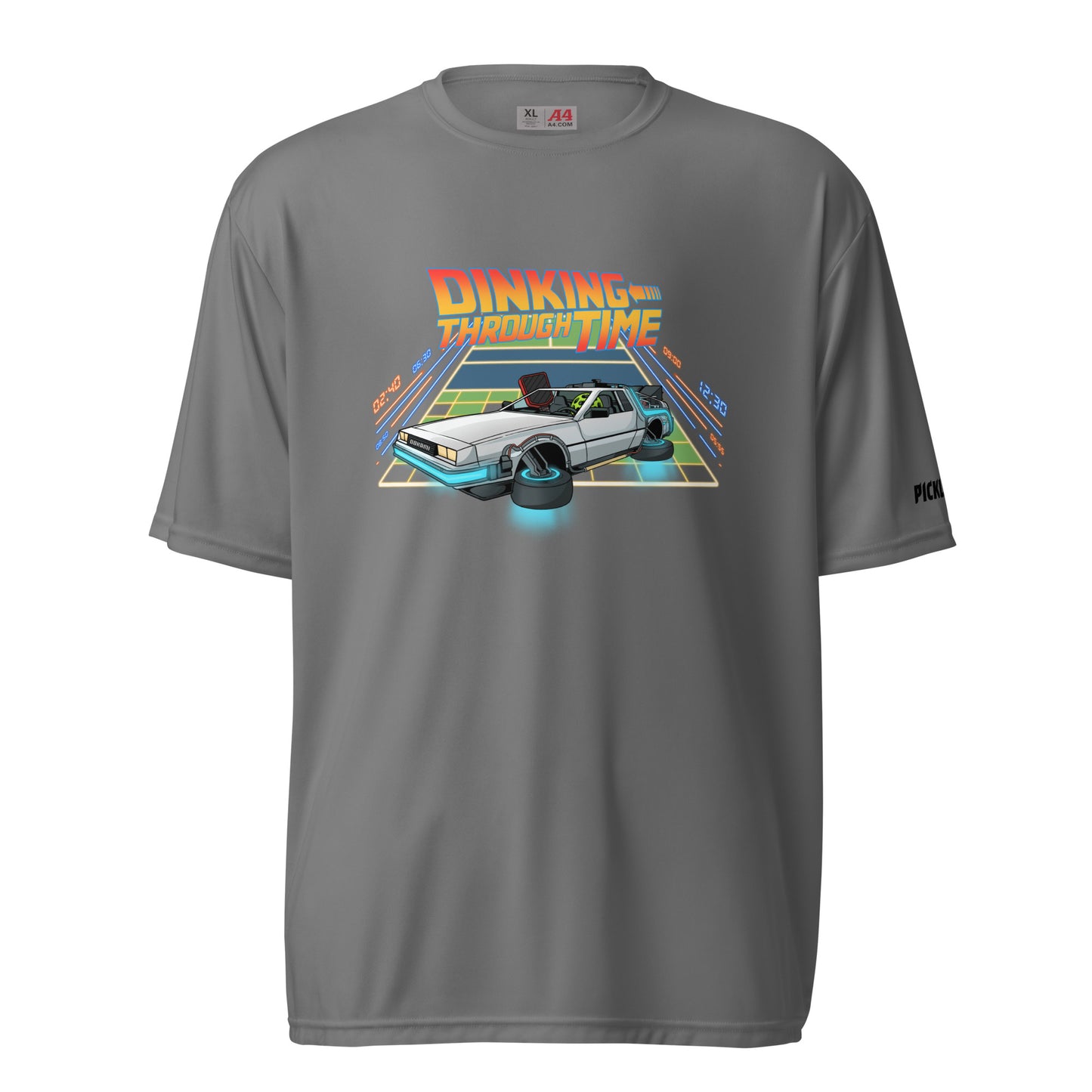 Front view of a graphite unisex pickleball performance shirt with 'Dinking Through Time' design by OOKAMI SPORTS.