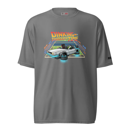 Front view of a graphite unisex pickleball performance shirt with 'Dinking Through Time' design by OOKAMI SPORTS.