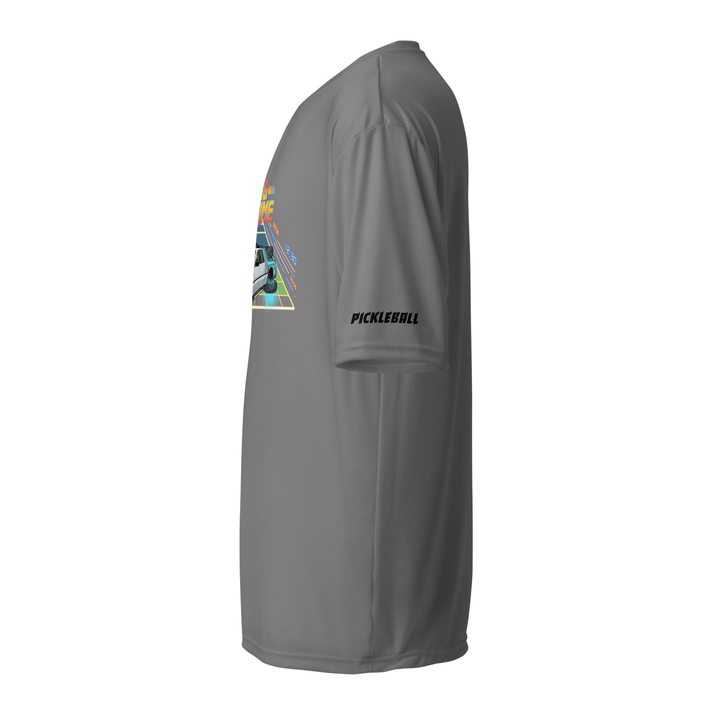 Side view of a graphite unisex pickleball performance shirt with 'Dinking Through Time' design by OOKAMI SPORTS.