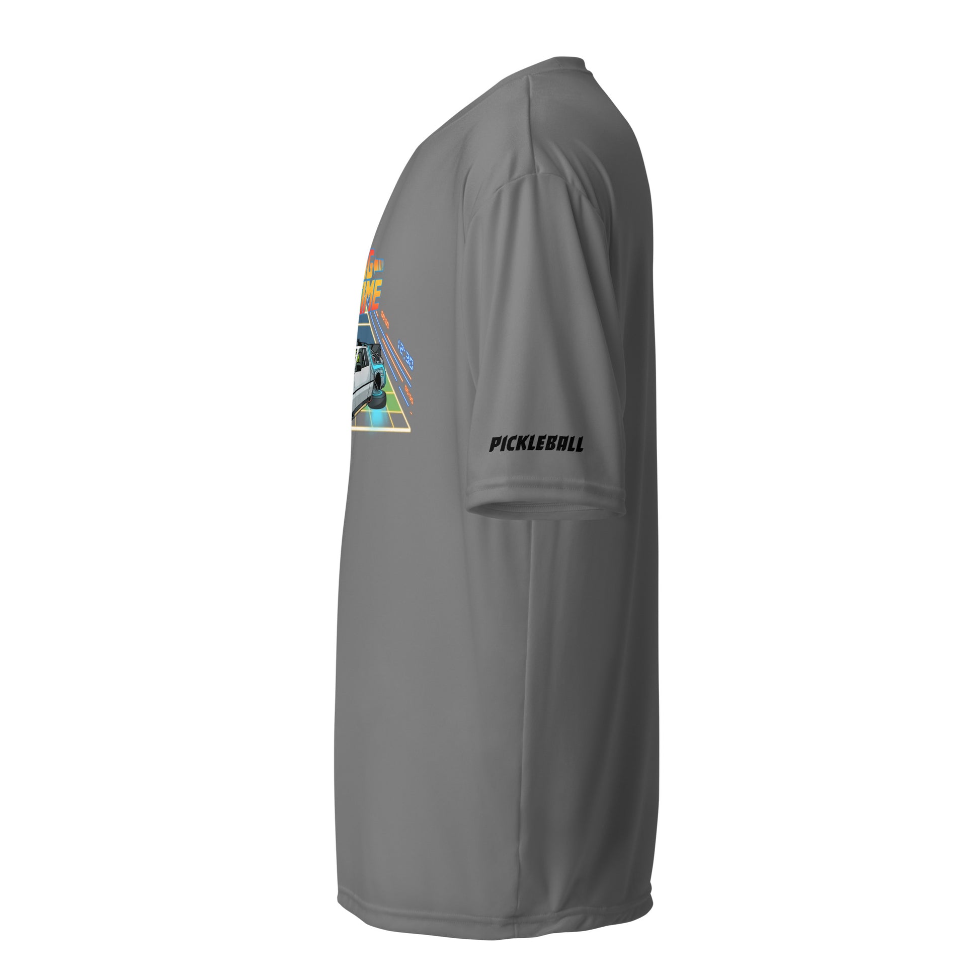 Side view of a graphite unisex pickleball performance shirt with 'Dinking Through Time' design by OOKAMI SPORTS.