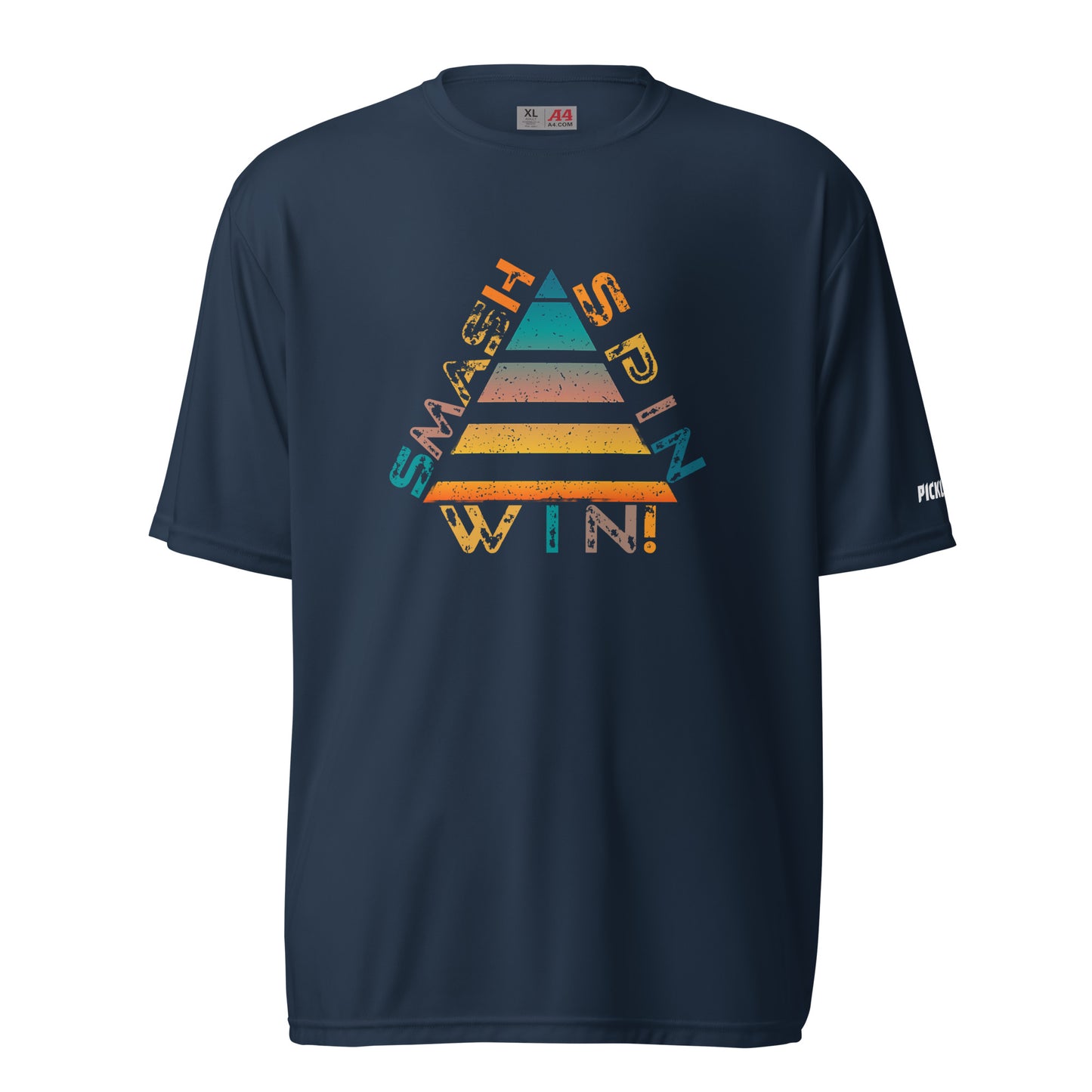 Front view of a navy blue unisex pickleball performance shirt with 'Smash Spin Win' design by OOKAMI SPORTS.