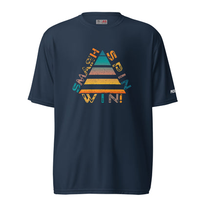 Front view of a navy blue unisex pickleball performance shirt with 'Smash Spin Win' design by OOKAMI SPORTS.