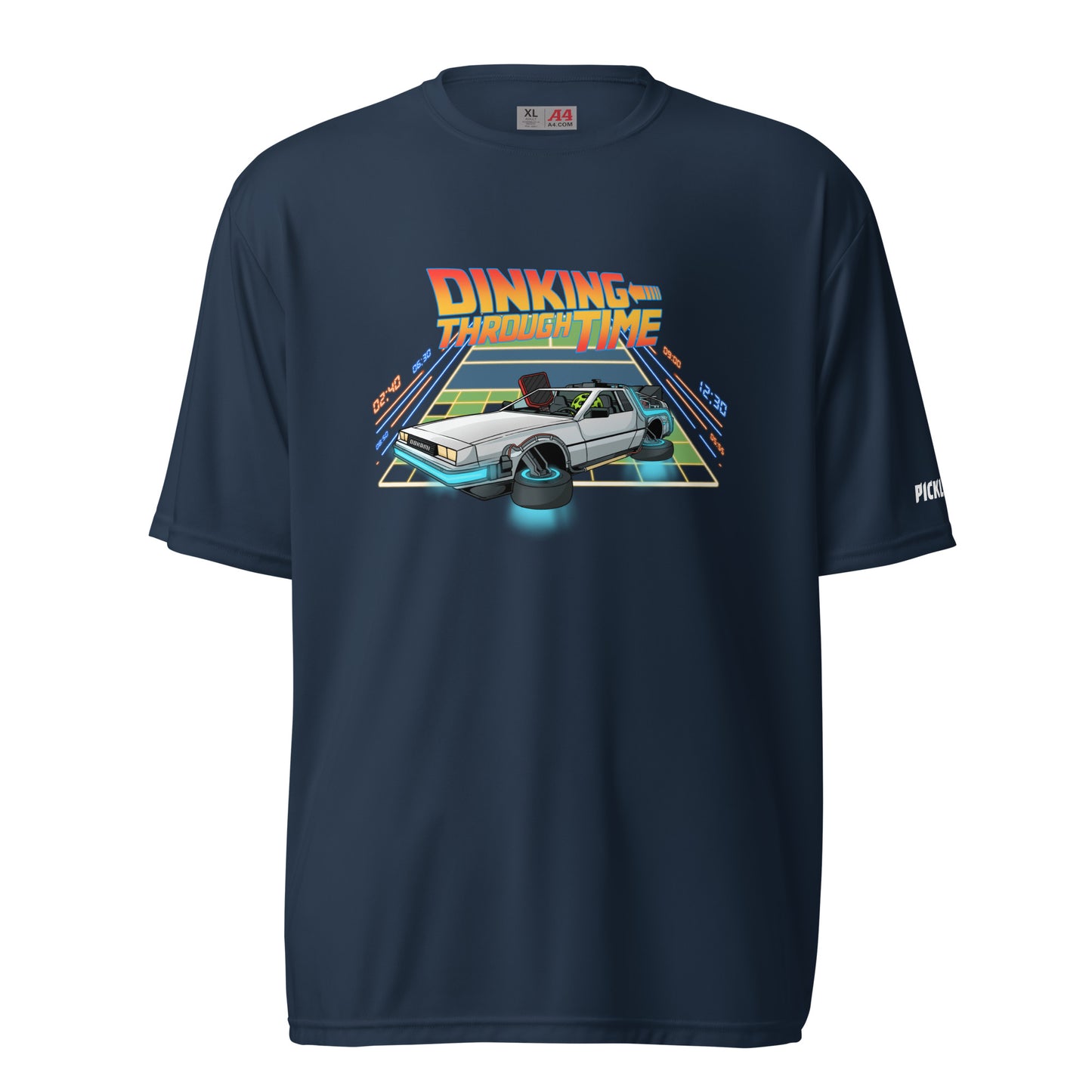 Front view of a navy blue unisex pickleball performance shirt with 'Dinking Through Time' design by OOKAMI SPORTS