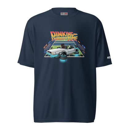 Front view of a navy blue unisex pickleball performance shirt with 'Dinking Through Time' design by OOKAMI SPORTS