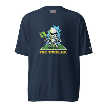 Navy performance crew-neck t-shirt featuring a Stormtrooper-inspired pickleball player graphic with 'THE PICKLER' text, designed for enhanced movement and comfort on the court.