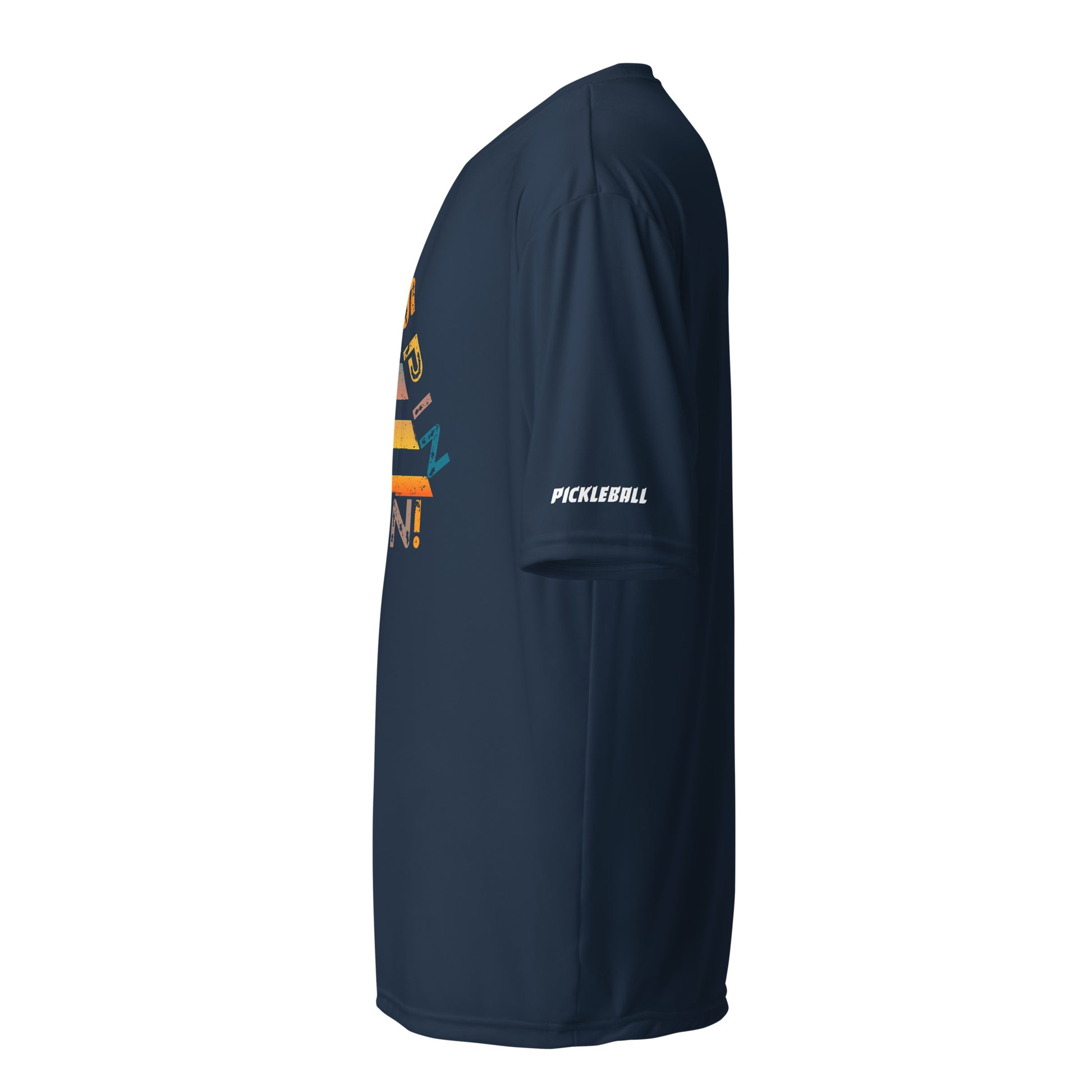 Side view of a navy blue unisex pickleball performance shirt with 'Smash Spin Win' design by OOKAMI SPORTS