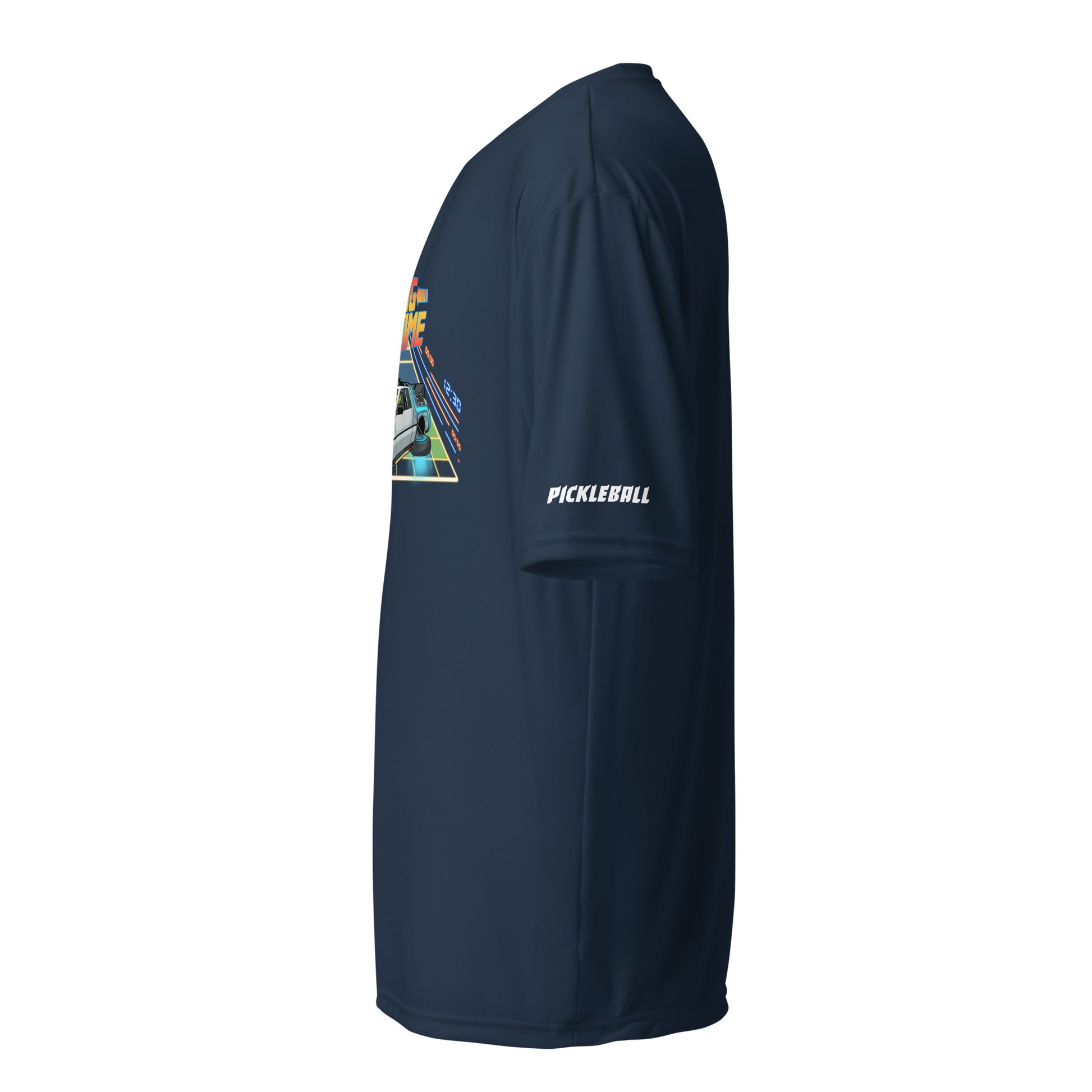 Side view of a navy blue unisex pickleball performance shirt with 'Dinking Through Time' design by OOKAMI SPORTS.