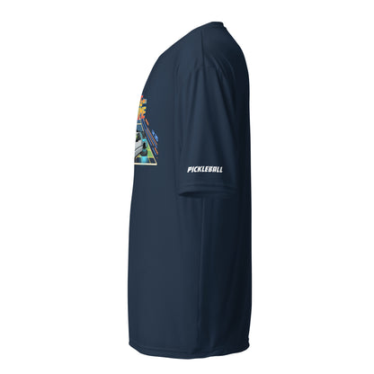 Side view of a navy blue unisex pickleball performance shirt with 'Dinking Through Time' design by OOKAMI SPORTS.