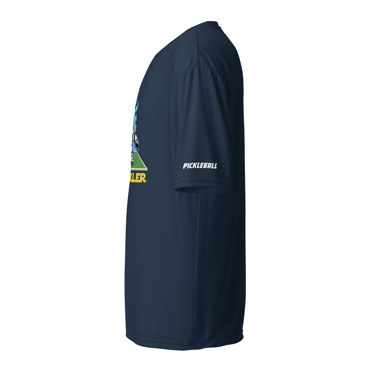 Side view of a navy performance crew-neck t-shirt from OOKAMI SPORTS, with the text 'PICKLEBALL' on the sleeve, ideal for competitive play or casual wear.