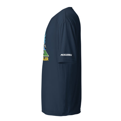 Side view of a navy performance crew-neck t-shirt from OOKAMI SPORTS, with the text 'PICKLEBALL' on the sleeve, ideal for competitive play or casual wear.