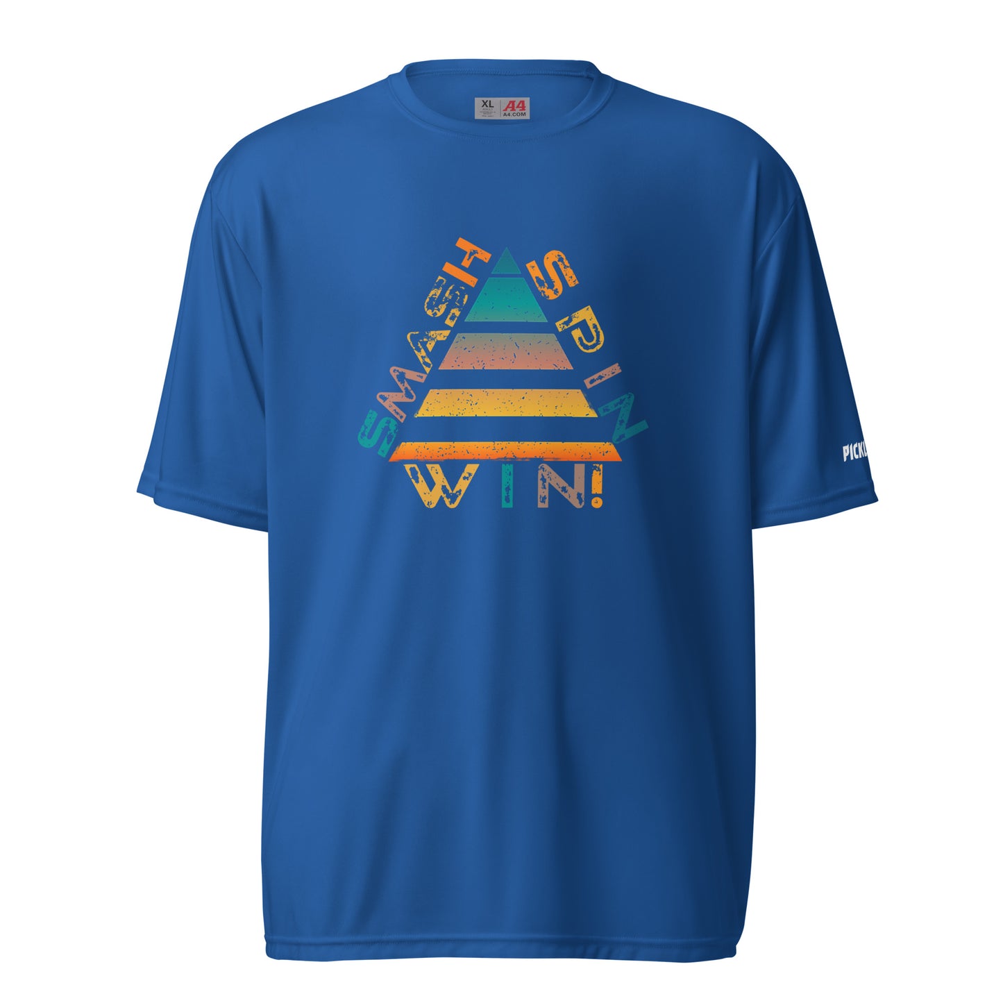 Front view of a royal blue unisex pickleball performance shirt with 'Smash Spin Win' design by OOKAMI SPORTS