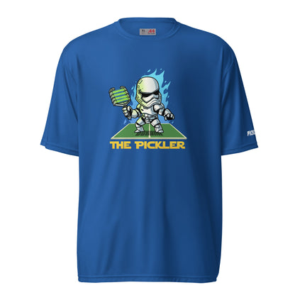 Front view of a blue pickleball shirt showing a stormtrooper-like character in 'The Pickler' graphic, equipped with a pickleball paddle.