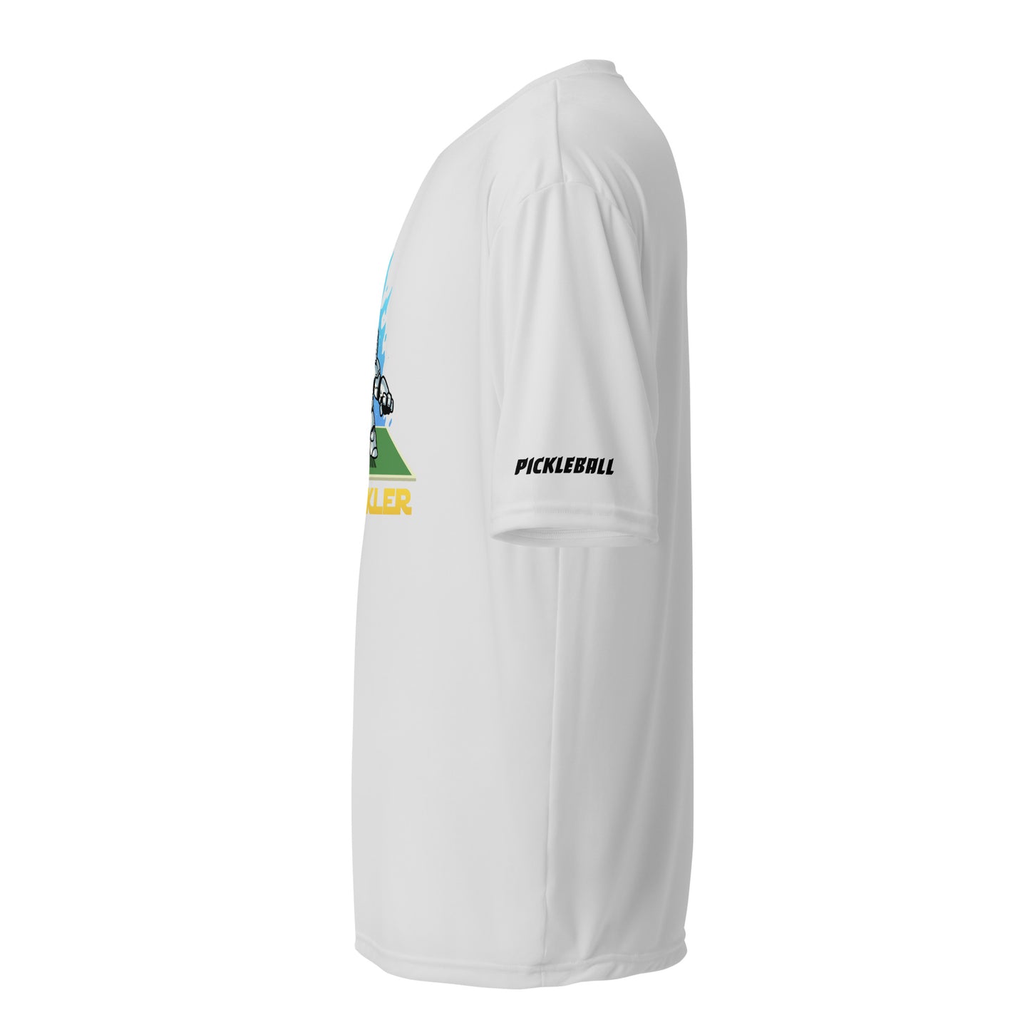 Side view of a white pickleball activewear shirt featuring the logo 'The Pickler' in a themed graphic with a pickleball paddle on the sleeve.