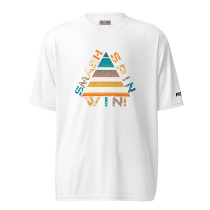 Front view of a white unisex pickleball performance shirt with 'Smash Spin Win' design by OOKAMI SPORTS.