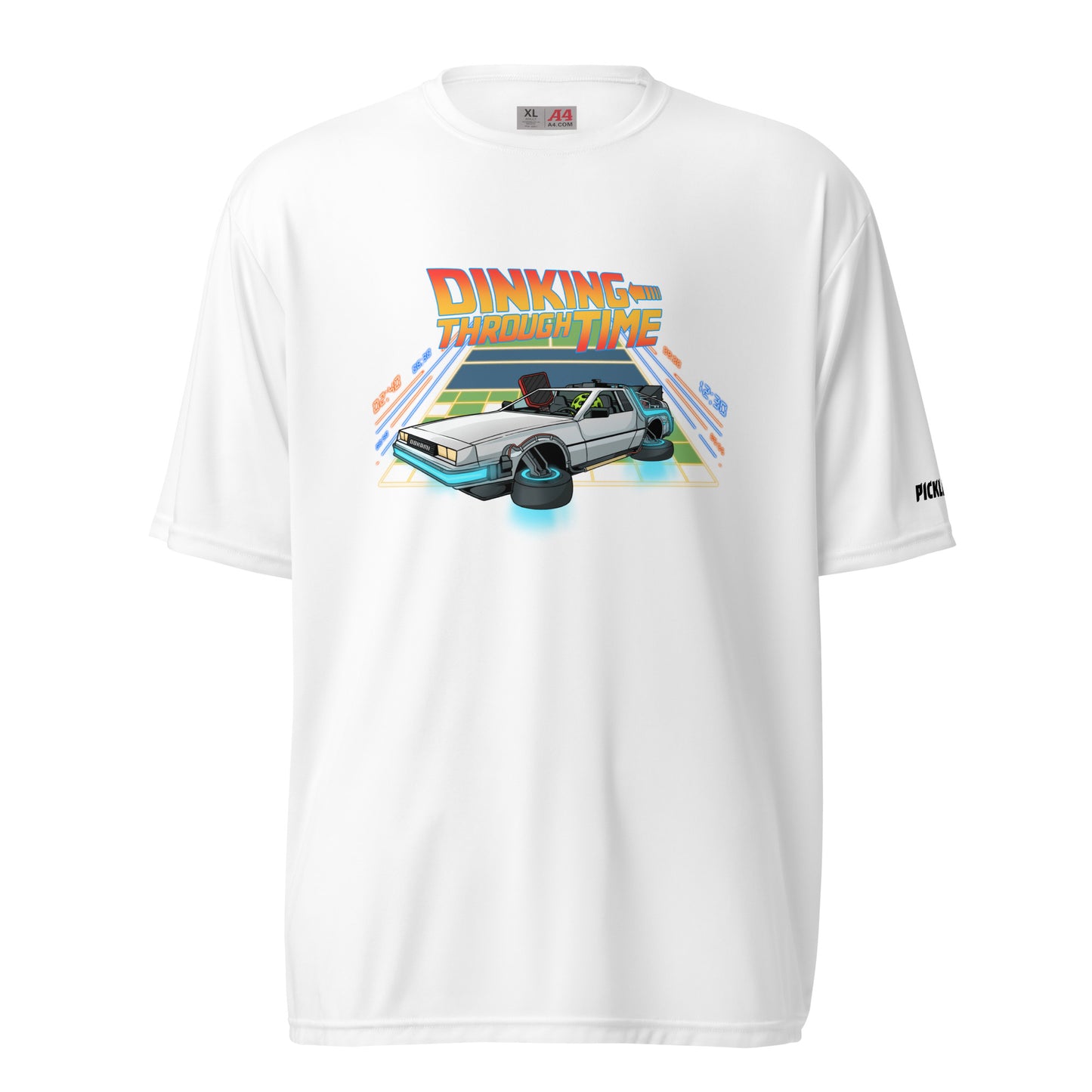 Front view of a white unisex pickleball performance shirt with 'Dinking Through Time' design by OOKAMI SPORTS.