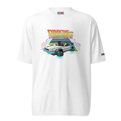 Front view of a white unisex pickleball performance shirt with 'Dinking Through Time' design by OOKAMI SPORTS.