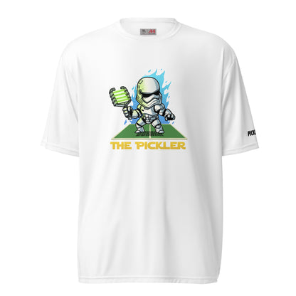 Front view of a white pickleball shirt with a stormtrooper-inspired graphic titled 'The Pickler' holding a pickleball paddle.
