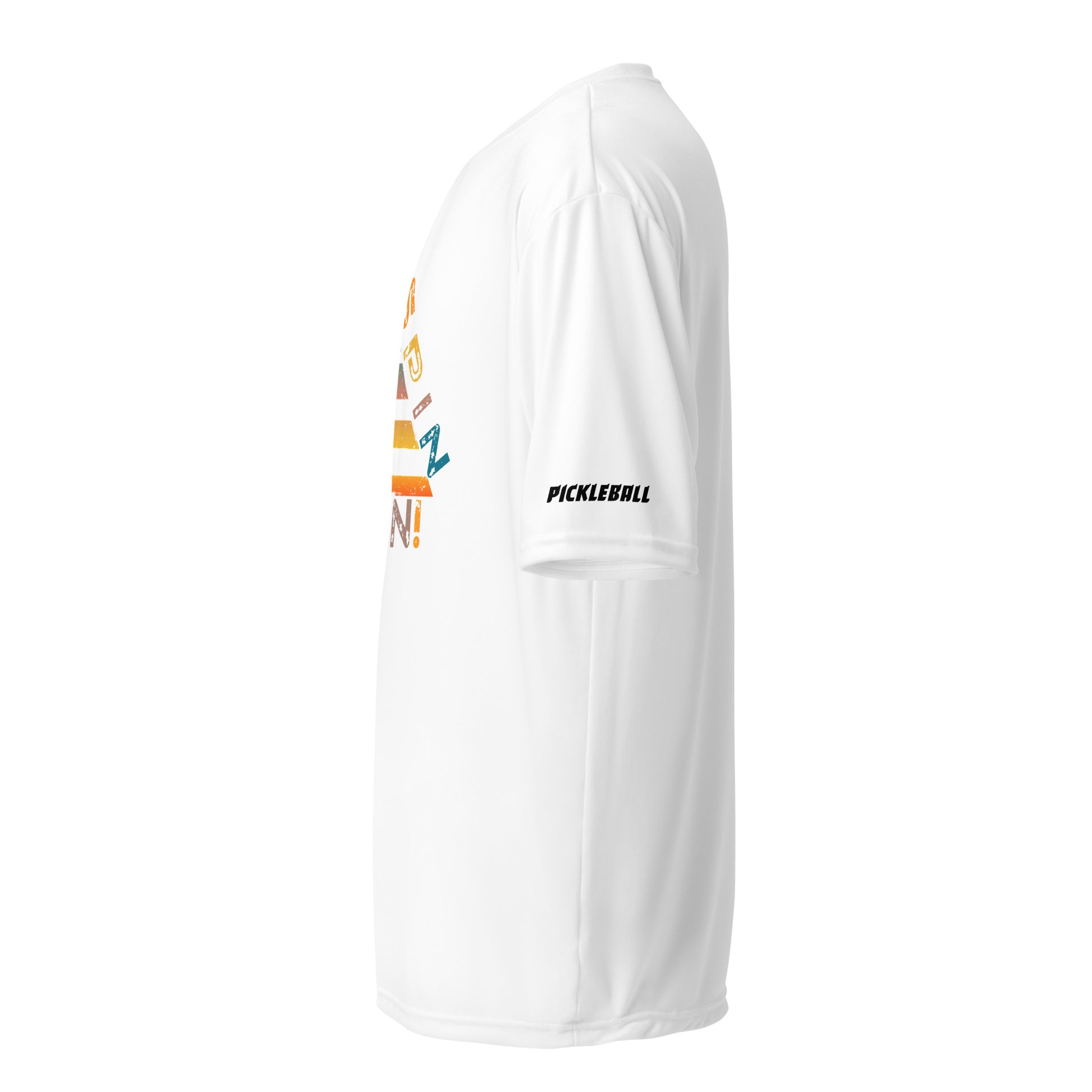 Side view of a white unisex pickleball performance shirt with 'Smash Spin Win' design by OOKAMI SPORTS