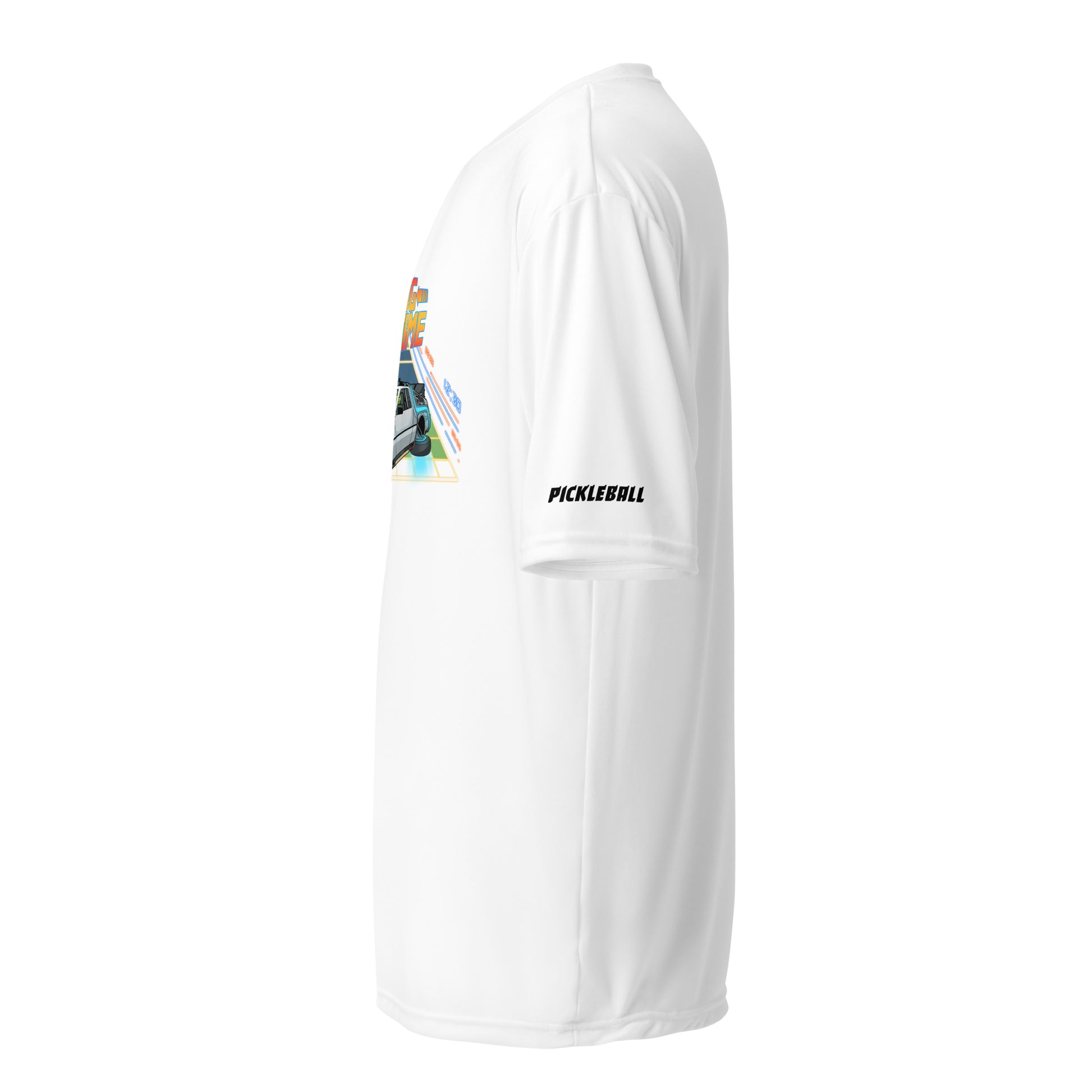 Side view of a white unisex pickleball performance shirt with 'Dinking Through Time' design by OOKAMI SPORTS.