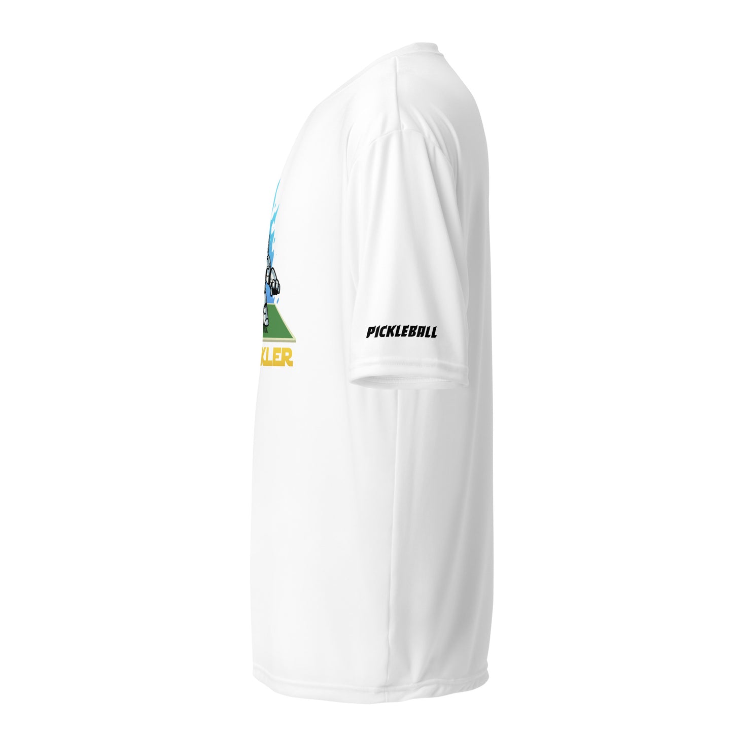 Side view of a white pickleball activewear shirt featuring the logo 'The Pickler' in a themed graphic with a pickleball paddle on the sleeve.