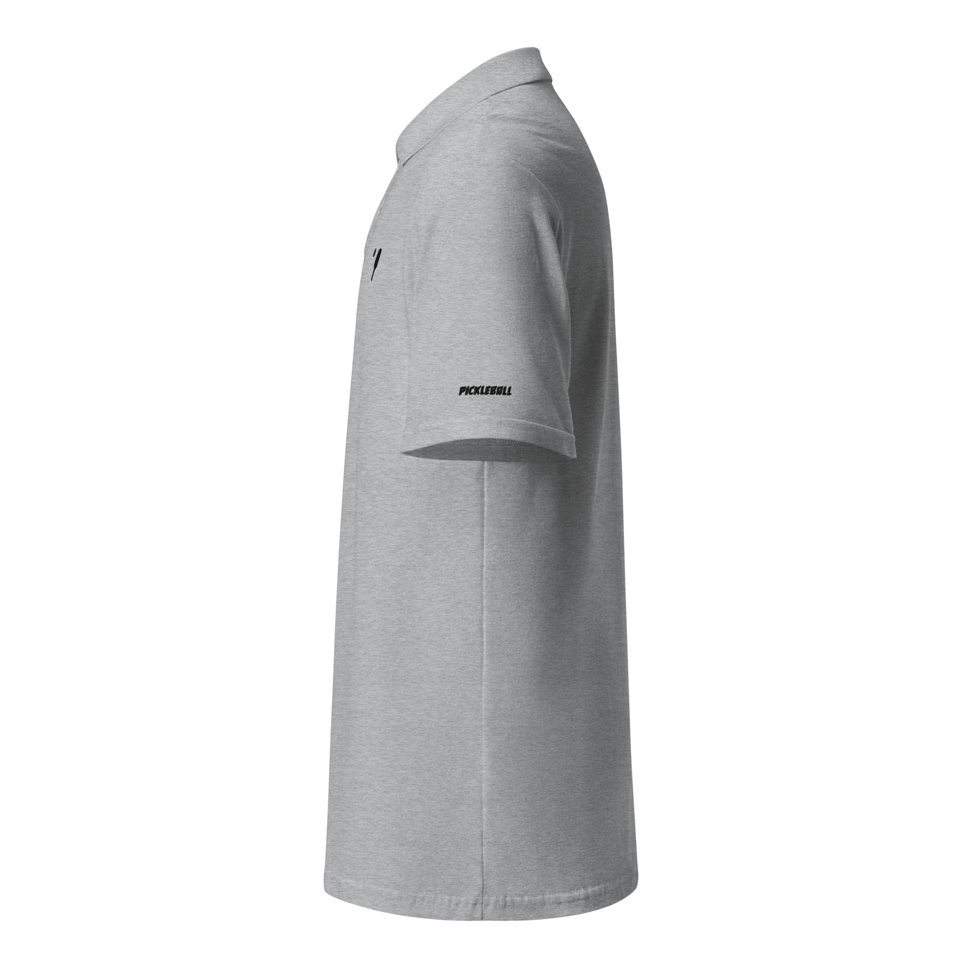 Side view of a sport grey Classic Pique Polo Shirt by OOKAMI SPORTS, showcasing the OEKO-TEX Standard 100 certified fabric and sleek styling.