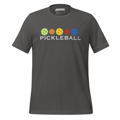 "Front view of asphalt t-shirt featuring a colorful pickleball graphic and the text 'PICKLEBALL.
