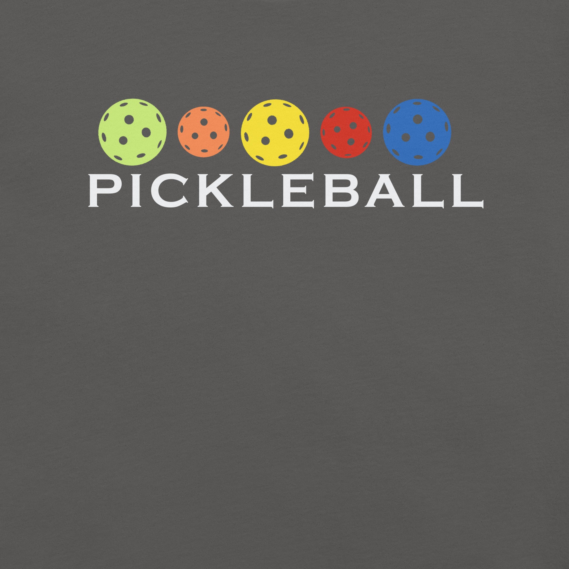 Close-up view of the colorful pickleball graphic with the text 'PICKLEBALL' on the front of an asphalt t-shirt.