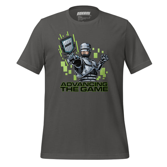 Gray pickleball T-shirt featuring a Robocop-inspired graphic design with neon green accents, labeled 'Advancing the Game' from OOKAMI SPORTS.