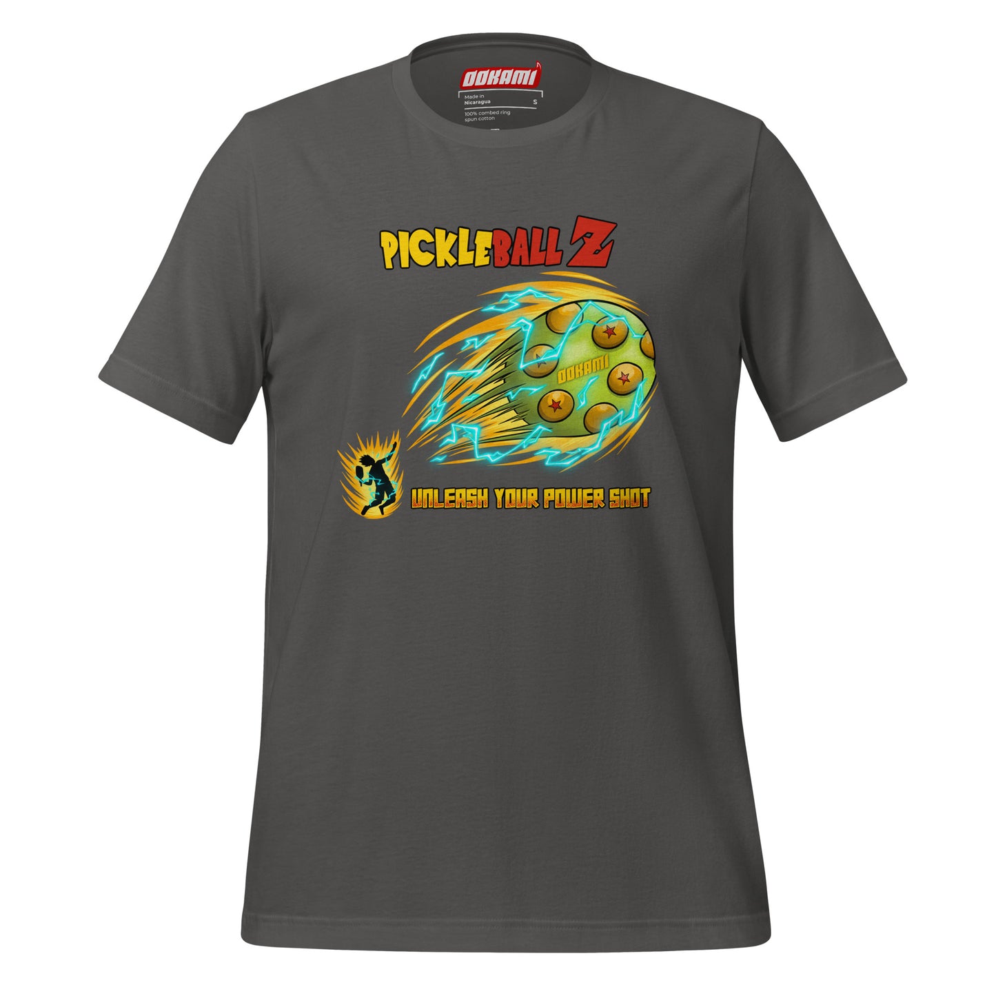 Asphalt-colored Pickle Ball Z Power Shot Shirt featuring a bold Dragon Ball-inspired graphic, ideal for pickleball enthusiasts looking for stylish court apparel.