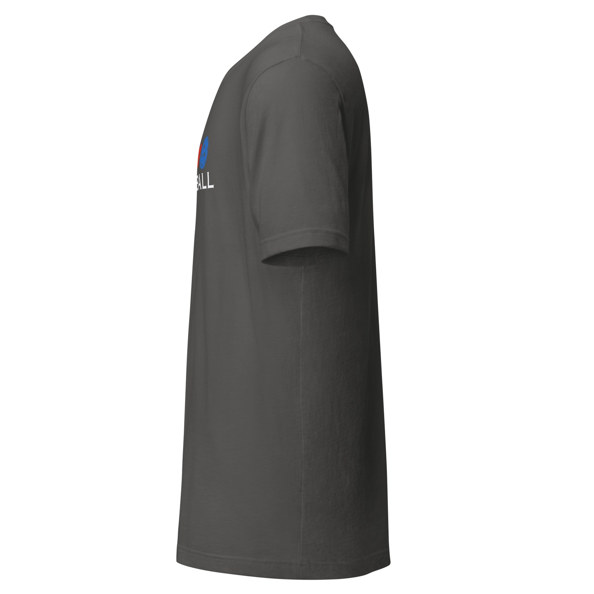 Left side view of asphalt t-shirt showing the edge of the front graphic.