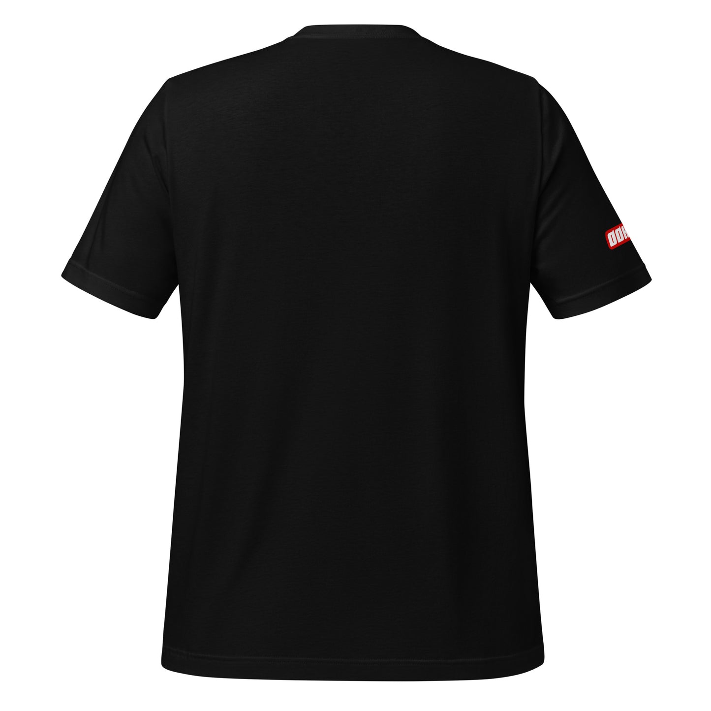 Back view of a black t-shirt featuring the OOKAMI logo on the left sleeve.