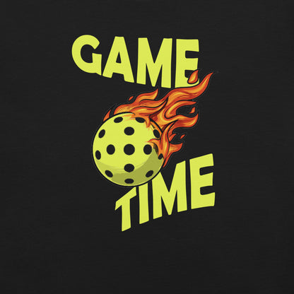 Close-up view of the flaming pickleball graphic with the text 'Game Time' on the front of a black t-shirt.