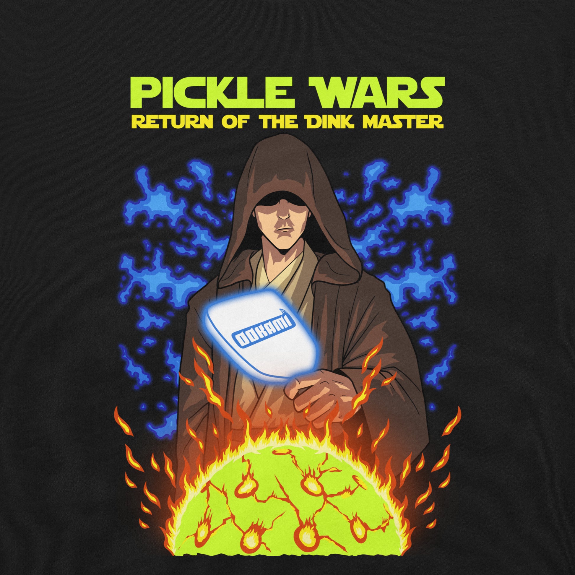 Close-up view of the 'Pickle Wars: Return of the Dink Master' design featuring a cloaked figure with a glowing pickleball paddle and vibrant energy background.