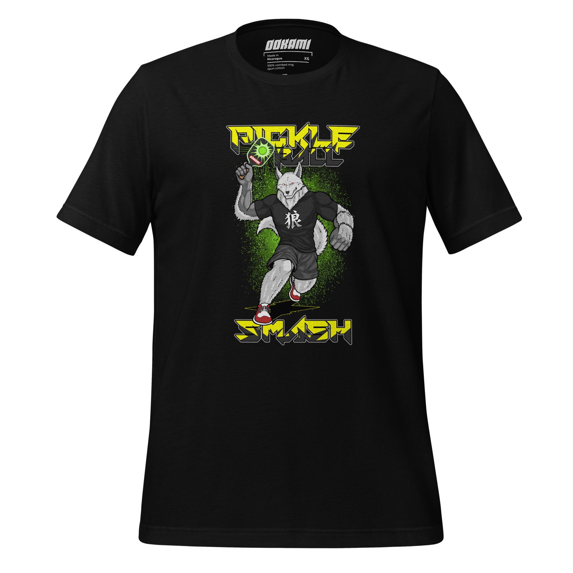  Front view of the Pickleball Smash Wolf T-Shirt in black, showing the wolf smashing a pickleball.