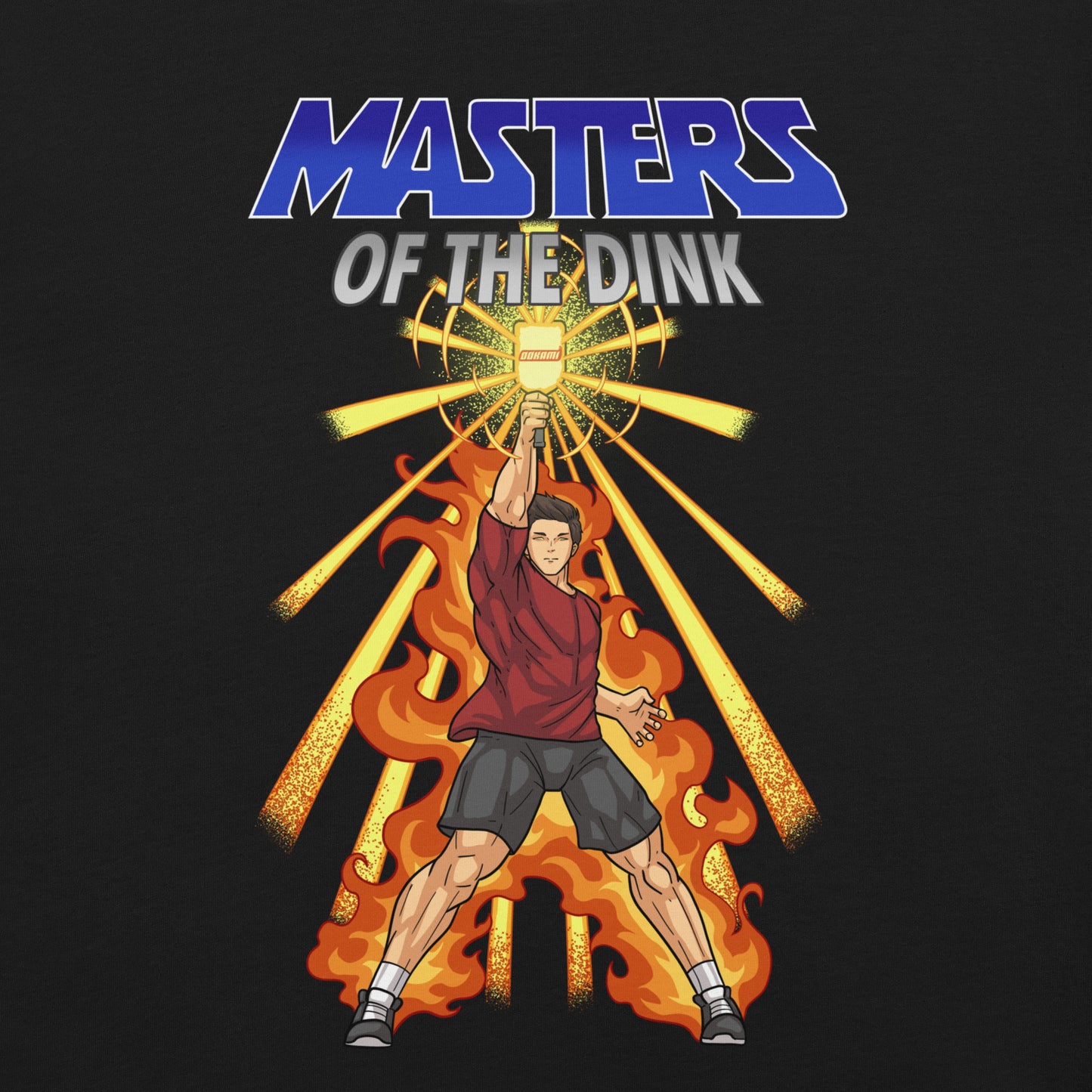 close up view of black t-shirt with Masters of the Dink design featuring a powerful figure holding a pickleball paddle amidst flames and radiant light.