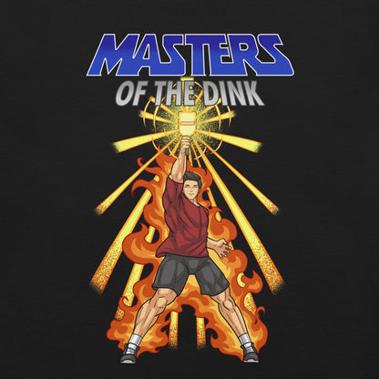 close up view of black t-shirt with Masters of the Dink design featuring a powerful figure holding a pickleball paddle amidst flames and radiant light.