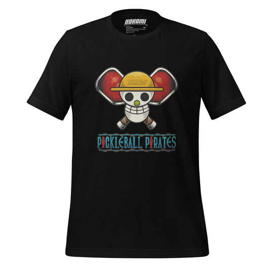 Front view of the Pickleball Pirates black t-shirt featuring a bold anime-inspired Jolly Roger graphic with pickleball paddles, combining unique design with premium comfort.