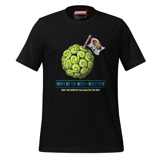 OOKAMI SPORTS Black Pickleball T-Shirt with bold Pickle Pickle Devil Fruit graphic, designed for players who want to master the DINK in a sleek, stylish look.