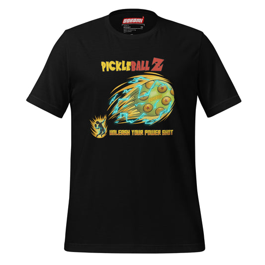 Black Pickle Ball Z Power Shot Shirt with Dragon Ball-themed design, combining comfort and style for pickleball players who love anime.