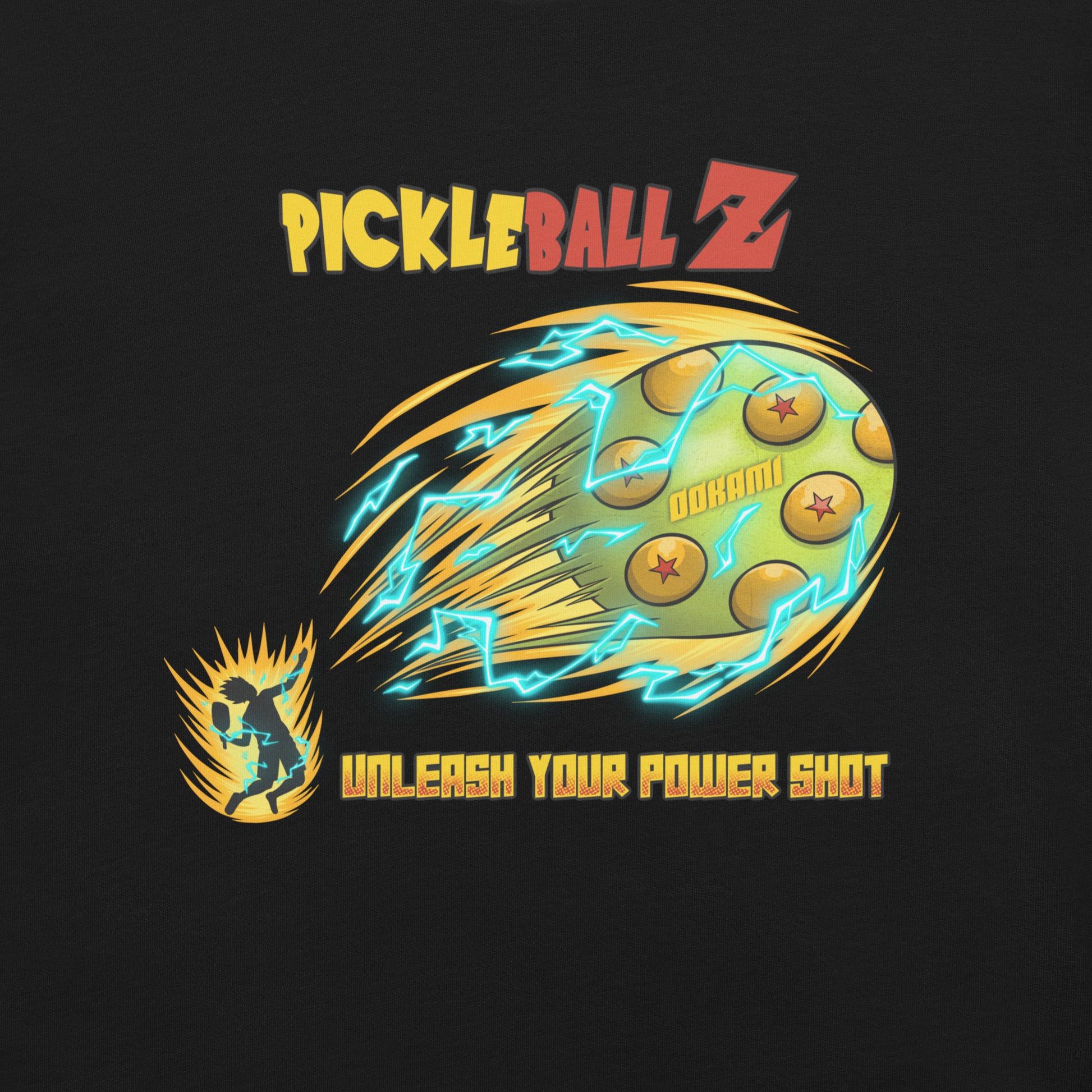 Black Pickle Ball Z Power Shot Shirt showcasing a unique Dragon Ball-inspired graphic, perfect for pickleball fans who want to stand out on the court