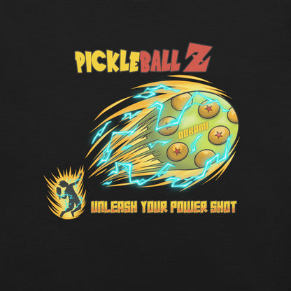 Black Pickle Ball Z Power Shot Shirt showcasing a unique Dragon Ball-inspired graphic, perfect for pickleball fans who want to stand out on the court